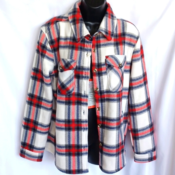 Sage Red/gray/white/blue Plaid Plush Shirt Jacket / Shacket, M, 22" PTP, 26" L - Picture 2 of 8